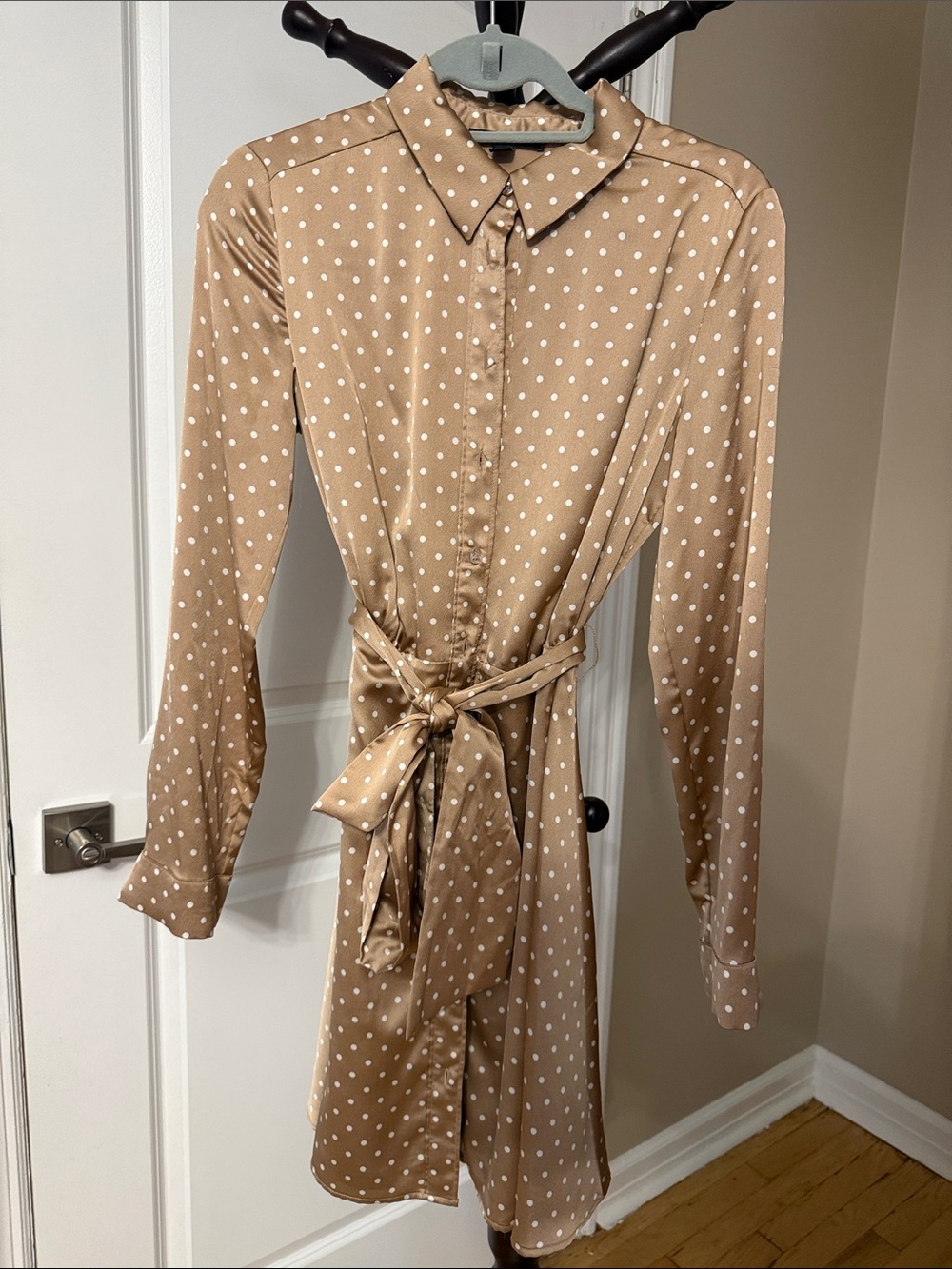 Guess Long-Sleeve Polka Dot Shirt Dress in Camel and White